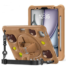 Load image into Gallery viewer, ProElite Cover for iPad Air 11 M3/M2 2025/2024/ Pro 11 4th/3rd Gen/Air 5/4 Gen 10.9 inch Case, Tough Bubble Kids Case with Pencil Holder with Rotating Kickstand & Shoulder Strap, Brown