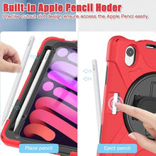 Load image into Gallery viewer, ProElite Rugged 3 Layer Armor case Cover for Apple iPad Mini 6/Mini 7 8.3 inch with Hand Grip, Pencil Holder and Rotating Kickstand, Red