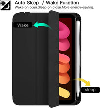 Load image into Gallery viewer, ProElite Cover Case for Apple iPad Mini 6/Mini 7 8.3 inch Case, Smart Flip Case Cover for Apple iPad Mini 6/Mini 7 8.3 inch with Pencil Holder, Black (Transparent Back)