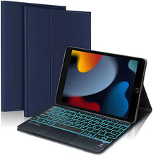 Load image into Gallery viewer, ProElite TouchPad Keyboard case for Apple iPad 10.2" 9th Gen / 8th Gen / 7th Gen, with Pencil Holder, Magnetic Detachable Wireless Bluetooth TouchPad Keyboard Built-in 7-Colors Backlit, Dark Blue