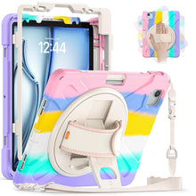 Load image into Gallery viewer, ProElite Rugged 3 Layer Armor case for Apple iPad Air 11 M3/M2 2025/2024/iPad Air 5th/4th Gen 10.9/iPad Pro 11 4th/3rd Gen with Apple Pencil Holder, Hand Grip and Rotating Kickstand, Rainbow Pink