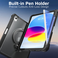 Load image into Gallery viewer, ProElite Shockproof Case for Apple iPad 10th/11th Gen A16 11 inch | 360° Multi-Angle Aluminum Stand (Portrait & Landscape) with Pencil Holder & Shoulder Strap, Black