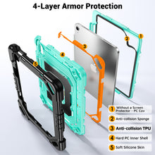 Load image into Gallery viewer, ProElite Rugged Back case for Apple iPad (A16) 11th/10th Gen Shockproof Protective Cover with Stand, Built-in Pencil Holder, Adjustable Shoulder Strap, Mint Black