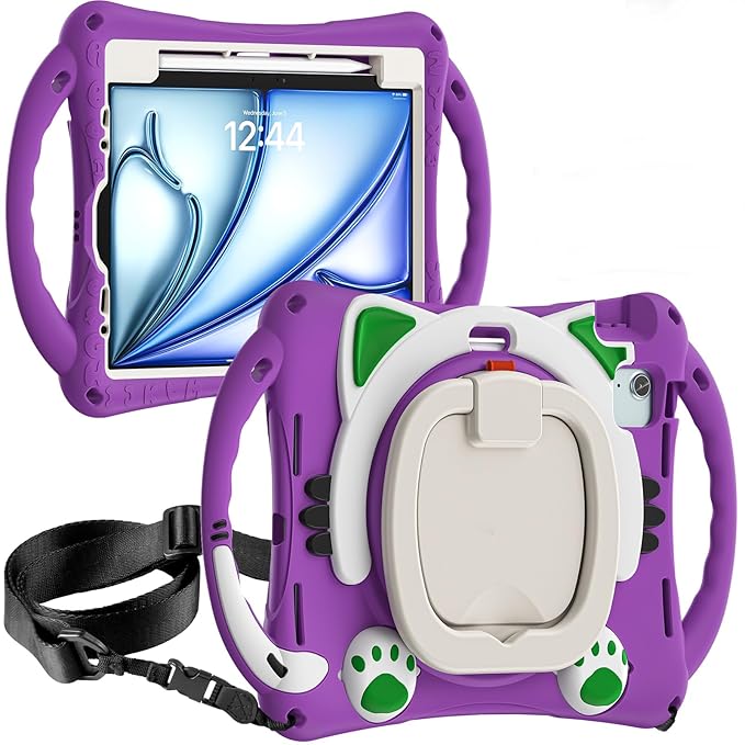 ProElite Tough Kids case Cover for Apple iPad Air 11 M3/M2 2025/2024/ Pro 11 4th/3rd Gen iPad Air 5th/4th Gen 10.9 inch with Pencil Holder Rotating Kickstand & Shoulder Strap, Purple