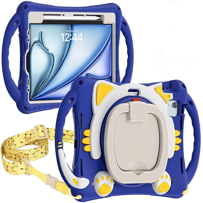 ProElite Tough Kids case Cover for Apple iPad Air 11 M3/M2 2025/2024/ Pro 11 4th/3rd Gen iPad Air 5th/4th Gen 10.9 inch with Pencil Holder Rotating Kickstand & Shoulder Strap, Blue