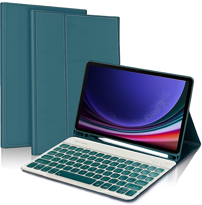 (Refurbished) ProElite Keyboard case for Samsung Galaxy Tab S9 11 inch/S9 Fe 10.9 inch, Magnetic Detachable Wireless Bluetooth Keyboard with S Pen Holder and Built-in 7-Colors Backlit, Dark Green