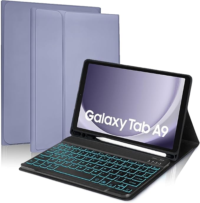 ProElite Keyboard case Cover for Samsung Galaxy Tab A9 8.7 inch, Magnetic Detachable Wireless Bluetooth Keyboard Case with S Pen Holder Built-in 7-Colors Backlit, Lavender