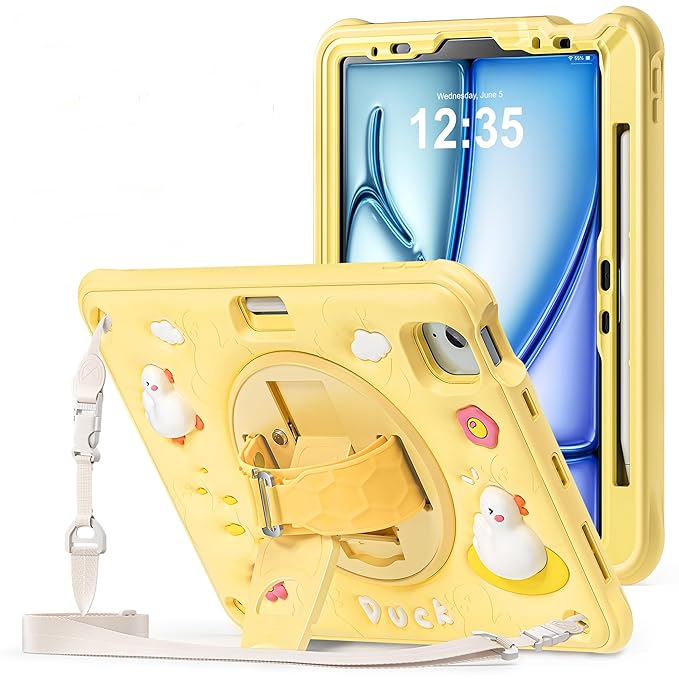 ProElite Cover for iPad Air 11 M3/M2 2025/2024/ Pro 11 4th/3rd Gen/Air 5/4 Gen 10.9 inch Case, Tough Bubble Kids Case with Pencil Holder with Rotating Kickstand & Shoulder Strap, Yellow