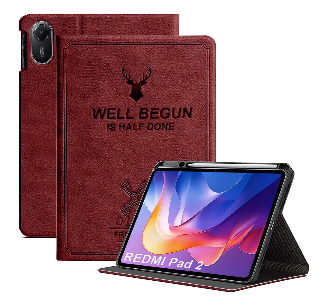 ProElite Case Cover for Xiaomi Redmi Pad 2 11 inch Case, Deer Flip case Cover for Xiaomi Redmi Pad 2 11 inch Case with Pen Holder [Auto Sleep Wake Feature], Wine Red