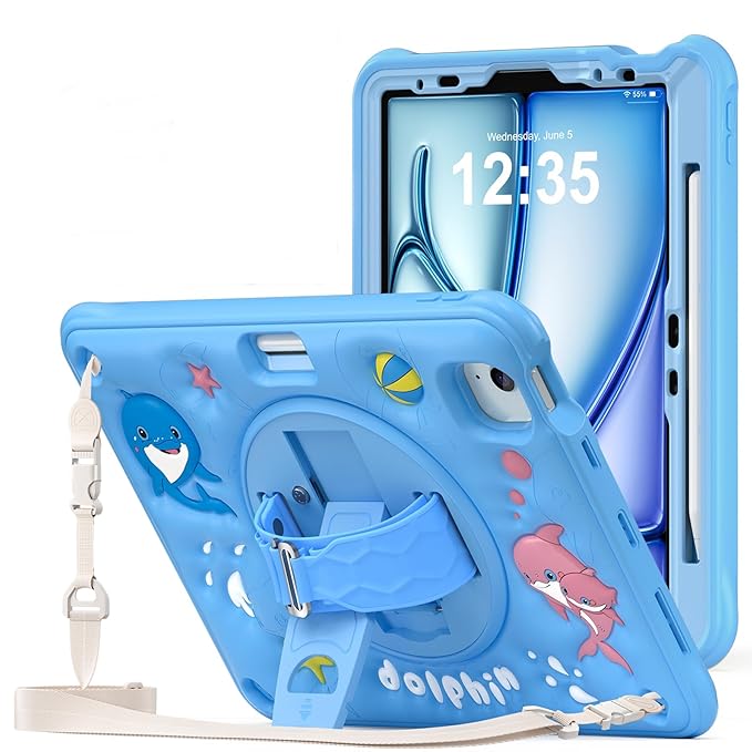 ProElite Cover for iPad Air 11 M3/M2 2025/2024/ Pro 11 4th/3rd Gen/Air 5/4 Gen 10.9 inch Case, Tough Bubble Kids Case with Pencil Holder with Rotating Kickstand & Shoulder Strap, Blue