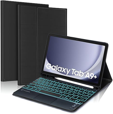 [Refurbished]ProElite TouchPad Keyboard case for Galaxy Tab A9 Plus 11 inch with S Pen Holder, Magnetic Detachable Wireless Bluetooth TouchPad Keyboard Built-in 7-Colors Backlit, Black