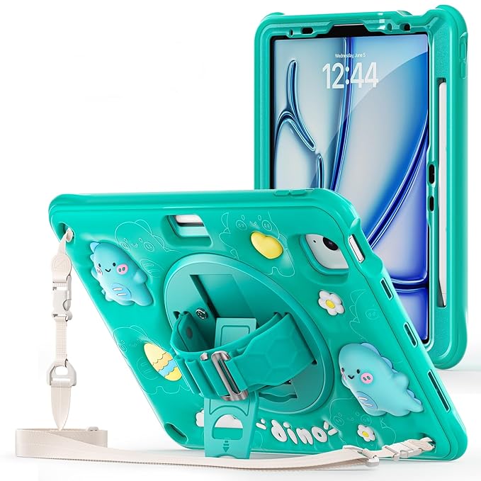 ProElite Cover for iPad Air 11 M3/M2 2025/2024/ Pro 11 4th/3rd Gen/Air 5/4 Gen 10.9 inch Case, Tough Bubble Kids Case with Pencil Holder with Rotating Kickstand & Shoulder Strap, Green