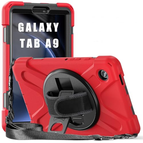 ProElite Cover for Samsung Galaxy Tab A9 8.7 inch Case Cover, Rugged 3 Layer Armor case Cover for Samsung Galaxy Tab A9 8.7 inch Hand Grip and Rotating Kickstand, Red