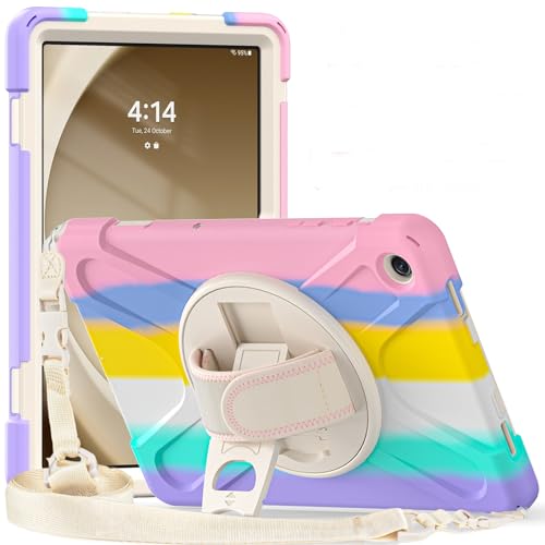 ProElite Cover for Samsung Galaxy Tab A9 Plus 11 inch Case Cover, Rugged 3 Layer Armor case Cover for Samsung Galaxy Tab A9+ 11 inch Hand Grip and Rotating Kickstand, Rainbow Pink