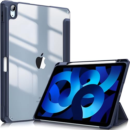 ProElite case Cover for Apple iPad Air 10.9 inch 5th/4th Gen, Transparent Smart Flip Cover for iPad Air 10.9 inch with Pencil Holder, Dark Blue