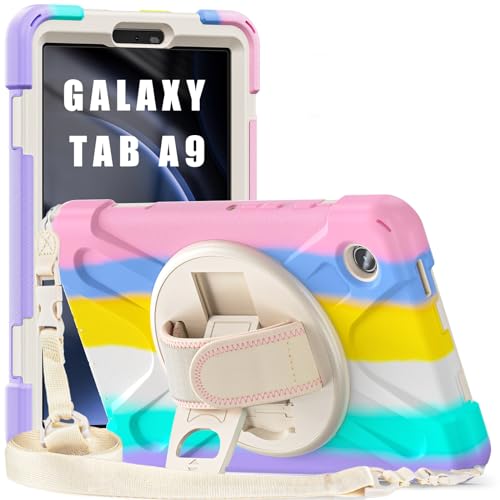 ProElite Cover for Samsung Galaxy Tab A9 8.7 inch Case Cover, Rugged 3 Layer Armor case Cover for Samsung Galaxy Tab A9 8.7 inch Hand Grip and Rotating Kickstand, Rainbow Pink
