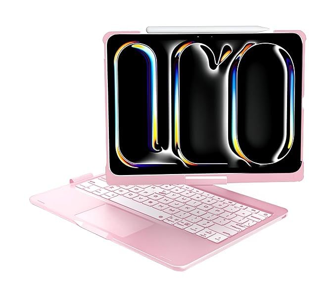 ProElite 360 Degree Rotatable Wireless Bluetooth TouchPad Keyboard Case Cover for Apple iPad Pro 13 inch 2024 M4, Built-in 7-Colors Backlit, Rose Gold