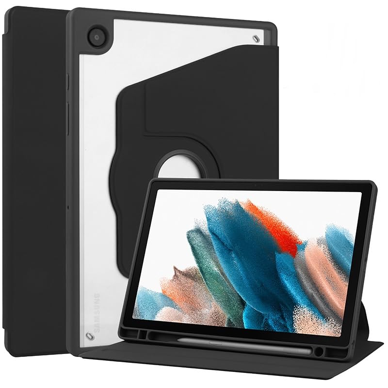 ProElite Cover for Samsung Galaxy A8 Cover Case, 360 Degree Rotatable Smart Flip Case Cover for Samsung Galaxy Tab A8 10.5 inch SM-X200/ SM-X205/ SM-X207 Transparent Back with Pencil Holder, Black