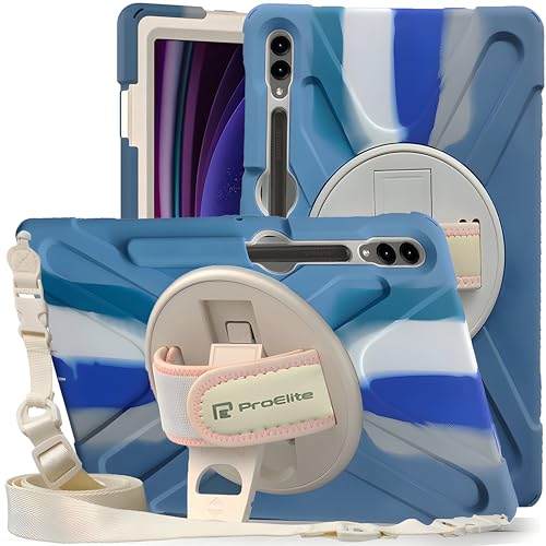 ProElite Cover for Galaxy Tab S9 Plus/ S9 FE+/S10+ Case, Rugged 3 Layer Armor case for Samsung Tab S9 Plus/S8 Plus/S7 Plus/S7 FE/S10+ 12.4 inch with S Pen Holder and Rotating Kickstand, Rainbow Blue