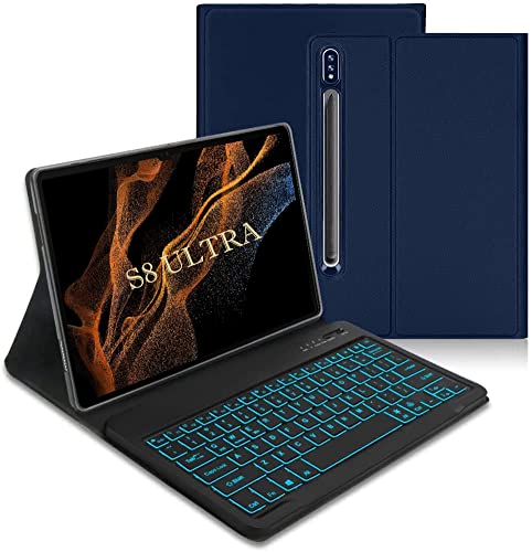 ProElite Keyboard case for Samsung Galaxy Tab S8 Ultra 14.6 inch SM-X900/ X906, Magnetic Detachable Wireless Bluetooth Keyboard Built-in 7-Colors Backlit, with S Pen Holder Dark Blue