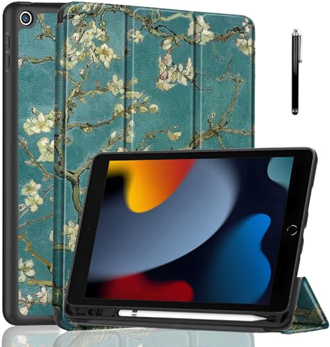 ProElite Smart Case for iPad 10.2 inch 2021 9th/8th/7th Gen [Auto Sleep/Wake Cover] [Pencil Holder] [Soft Flexible Case] Recoil Series - Flowers with Stylus Pen