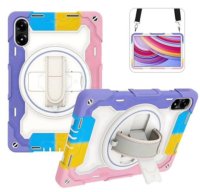 ProElite for Redmi Pad Pro 12.1 inch case, Rugged 3 Layer Armor case Cover for Redmi Pad Pro 12.1 inch with Hand Grip and Rotating Kickstand with Shoulder Strap, Rainbow Pink