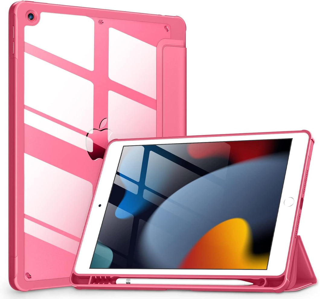 ProElite Case Cover for Apple iPad 10.2 inch Case, Smart Flip Case Cover for Apple iPad 10.2 inch 2021 9th/8th/7th Gen, Clear Soft Back with pencil holder, Hot Pink