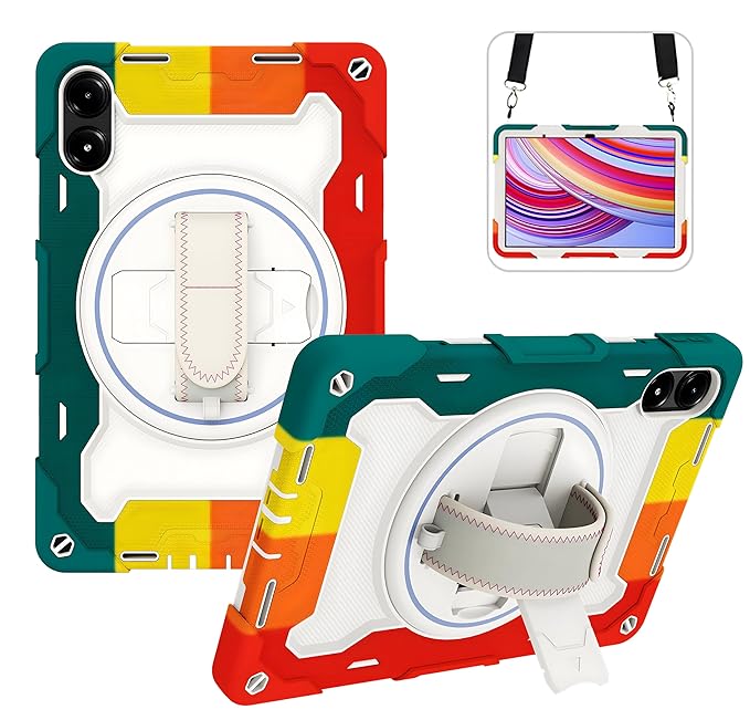 ProElite for Redmi Pad Pro 12.1 inch case, Rugged 3 Layer Armor case Cover for Redmi Pad Pro 12.1 inch with Hand Grip and Rotating Kickstand with Shoulder Strap, Rainbow Red
