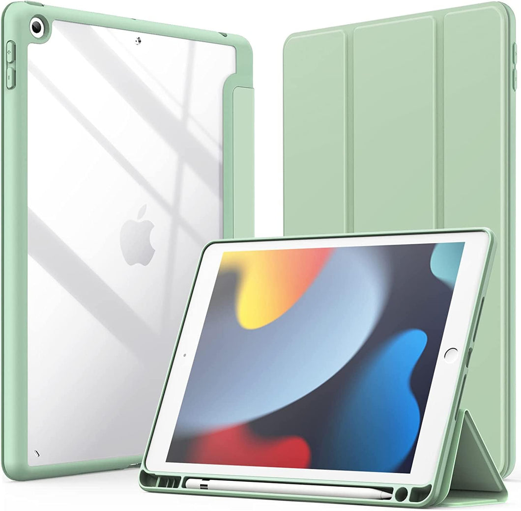 ProElite Smart Flip Case Cover for Apple iPad 10.2 inch 2021 9th/8th/7th Gen, Clear Soft Back with Pencil Holder, Light Green
