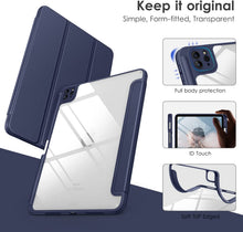 Load image into Gallery viewer, ProElite Smart Flip Case Cover for Apple iPad Air 13 inch/iPad Pro 12.9 inch 2022/2021/2020/2018 6th/5th/4th/3rd Gen, Transparent Back with Pencil Holder, Dark Blue
