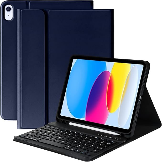 {Refurbished} ProElite Detachable Wireless Bluetooth Keyboard case Cover for Apple iPad 10th Gen with Pencil Holder, Dark Blue
