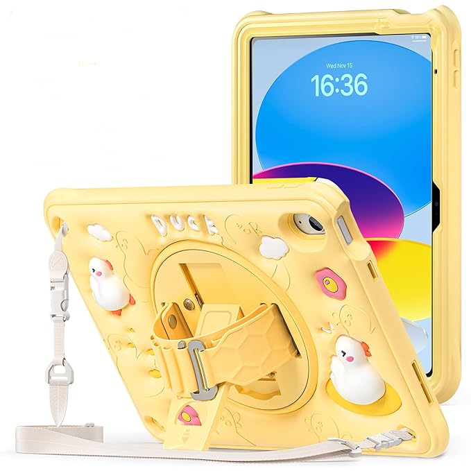 ProElite Cover for Apple iPad (A16) 11th/10th Generation (2025/2022) Case Cover, Tough Bubble Kids case Cover for Apple iPad 11th/10th Gen 2025/2022 with Rotating Kickstand & Shoulder Strap, Yellow