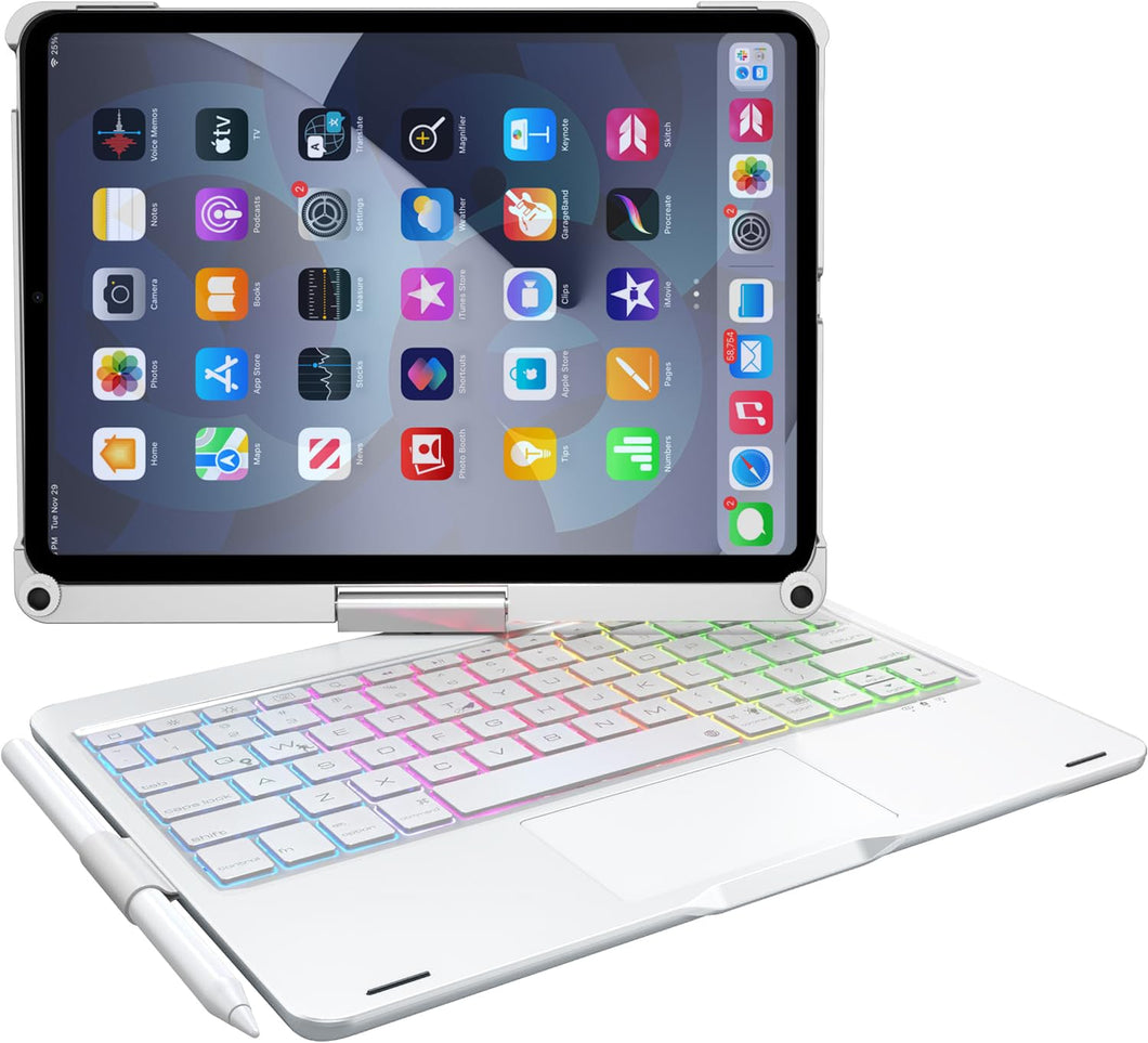 {Refurbished} ProElite Rotatable Wireless Bluetooth TouchPad Keyboard flip case Cover for Apple iPad (A16) 11th/10th Generation 2025/2022, Built-in 7-Colors Backlit, Silver