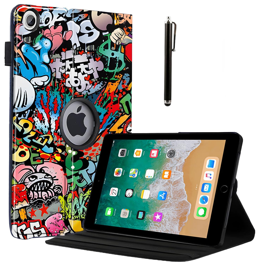 ProElite 360 Rotatable Smart Flip Case Cover for Apple iPad 9.7 inch 2018/2017 5th/6th Generation Air 1 Air 2 with Stylus Pen, Hippy