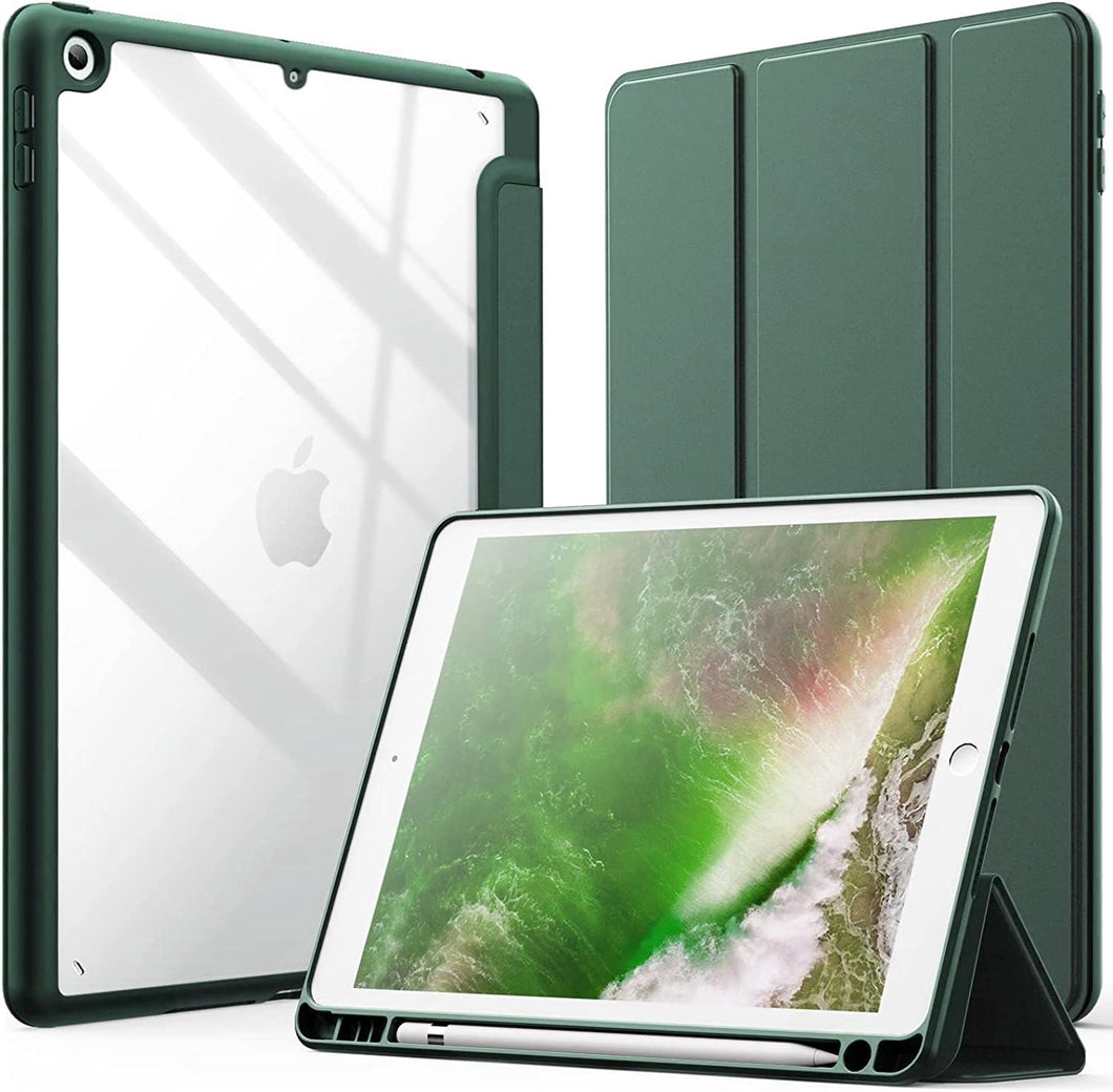 ProElite Smart Flip Case Cover for Apple iPad 9.7 inch 2018/2017 5th 6th Generation, Clear Soft Back with Pencil Holder, Dark Green