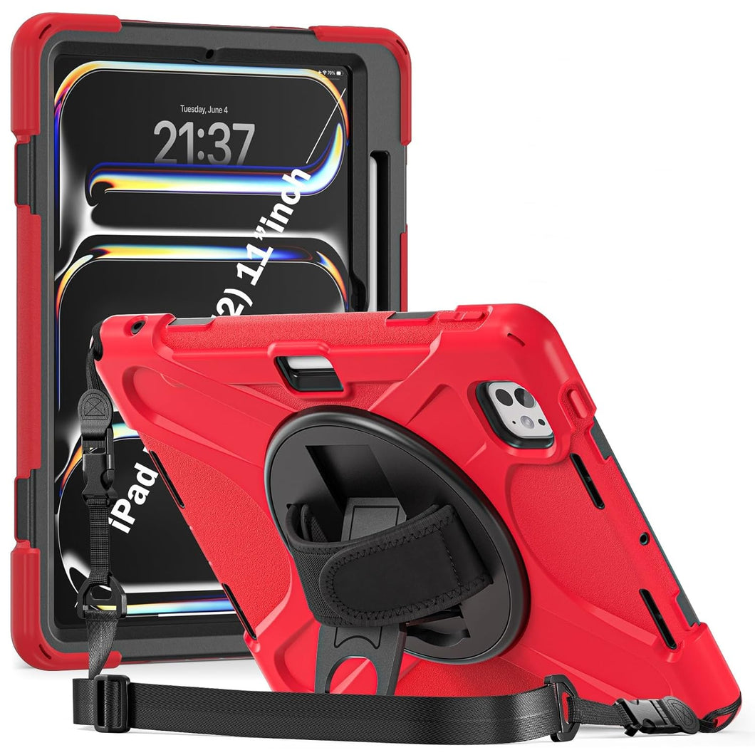 ProElite Cover for Apple iPad Pro 11 inch 2024 Case, Rugged 3 Layer Armor case Cover for iPad Pro 11 inch M4 2024 with Apple Pencil Holder, Shoulder Strap and Kickstand, Red