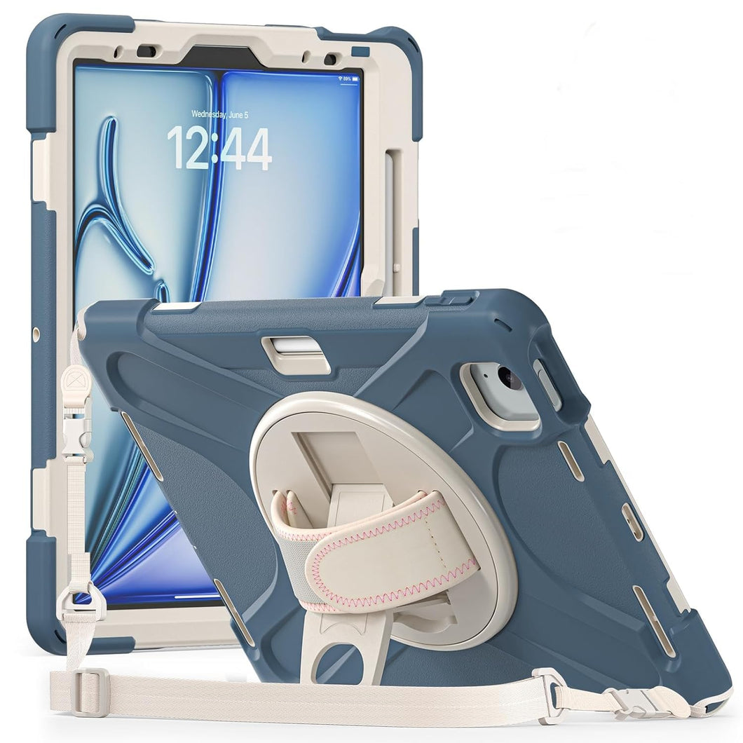 ProElite Rugged 3 Layer Armor case cover for Apple iPad Air 11 M3/M2 , iPad Air 5th/4th Gen 10.9 inch  with Hand Grip, Pencil holder and Rotating KickStand, Cornflower Blue