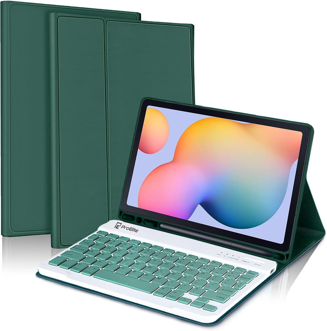 ProElite Keyboard case for Samsung Galaxy Tab S6 Lite 10.4 Inch 2024 SM-P610/P615 with Pencil Holder, Magnetic Detachable Wireless Bluetooth Keyboard Built-in 7-Colors Backlit, Dark Green