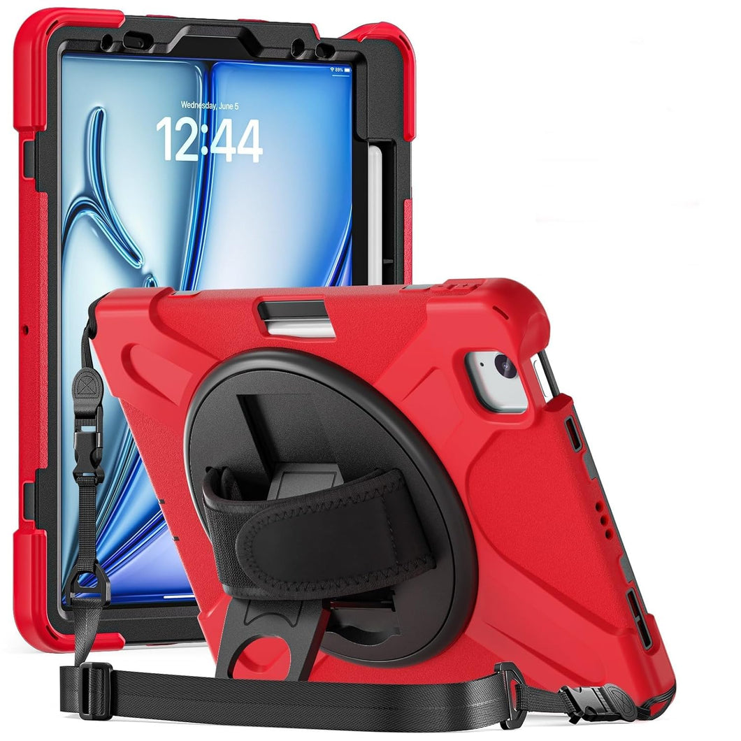 ProElite Rugged 3 Layer Armor case Cover for Apple iPad Air 11 M3/M2, iPad Air 5th/4th Gen 10.9 inch with Hand Grip, Pencil Holder and Rotating Kickstand, Red
