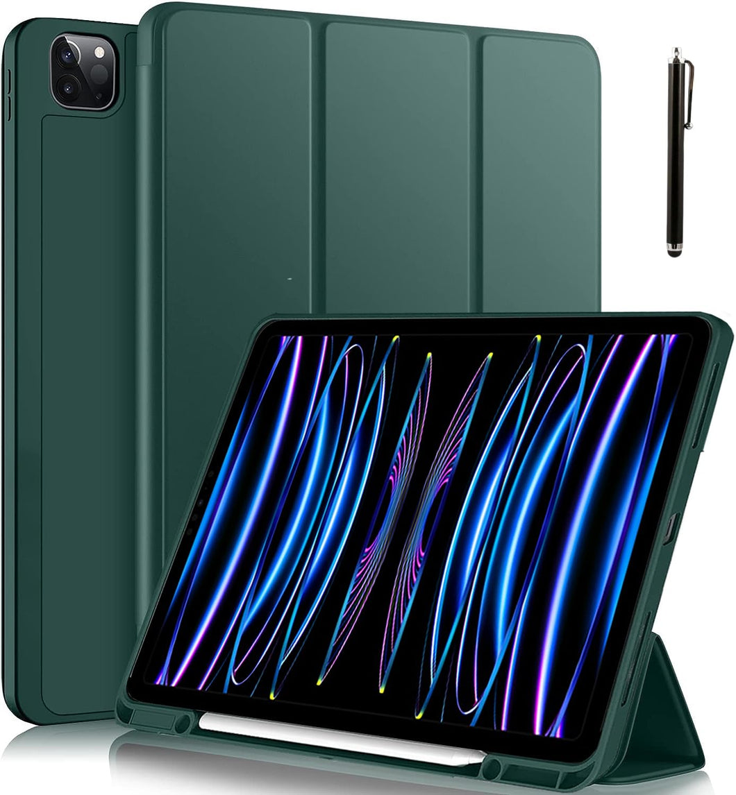 ProElite Smart Case for iPad Pro 12.9 inch 2022/2021 6th/5th Generation [Auto Sleep/Wake Cover] [Left Side Pencil Holder] [Soft Flexible Case with Stylus ] Recoil Series - Dark Green