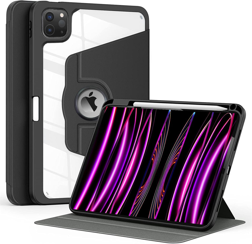ProElite 360 Degree Rotatable Smart Flip Case Cover for Apple iPad Pro 11 inch 4th/3rd/2nd Gen 2022/2021/2020, Transparent Back with Pencil Holder, Black