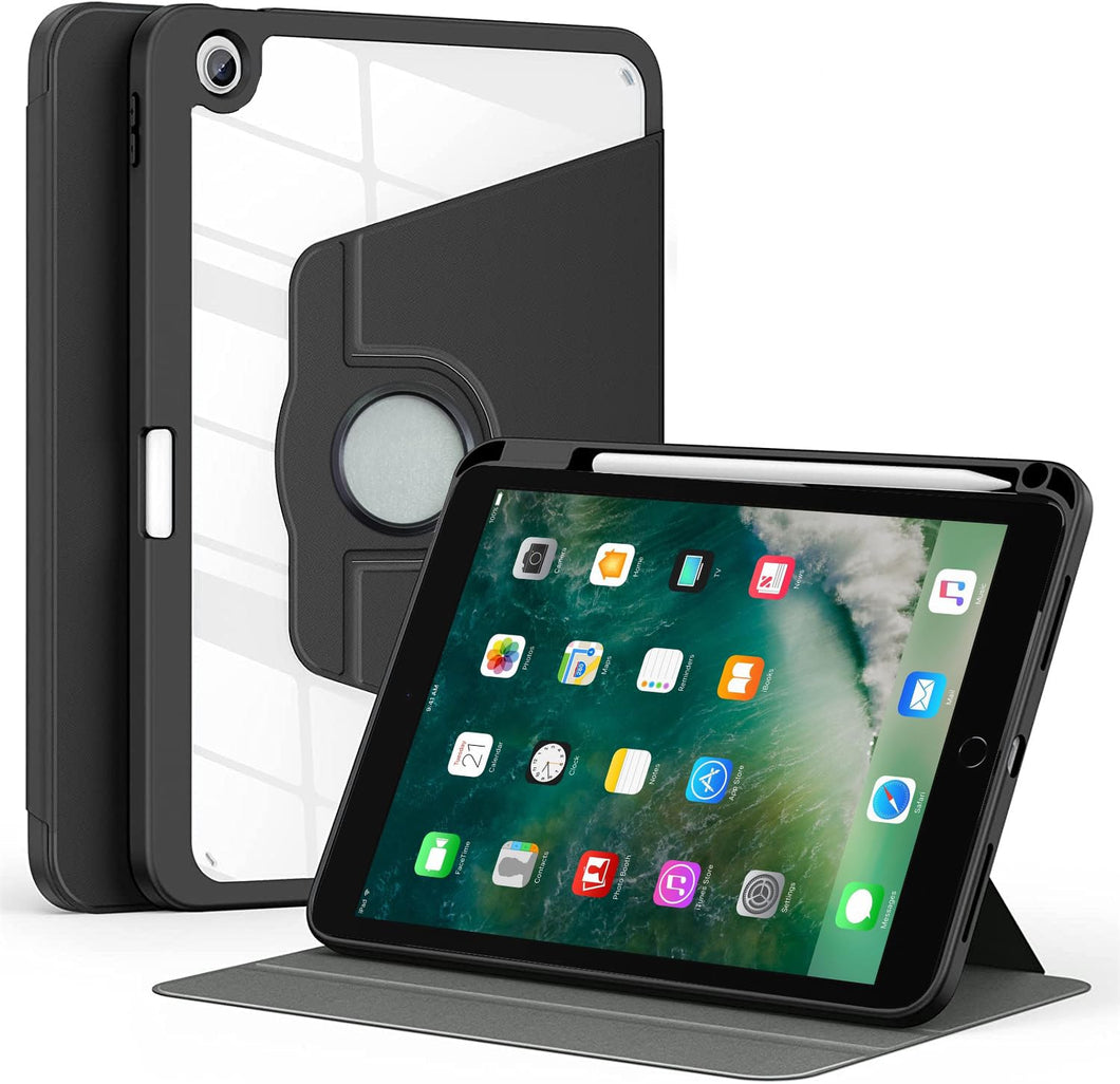 ProElite 360 Degree Rotatable Smart Flip Case Cover for Apple iPad 9.7 inch 2018/2017 5th 6th Generation, Transparent Back with Pencil Holder, Black