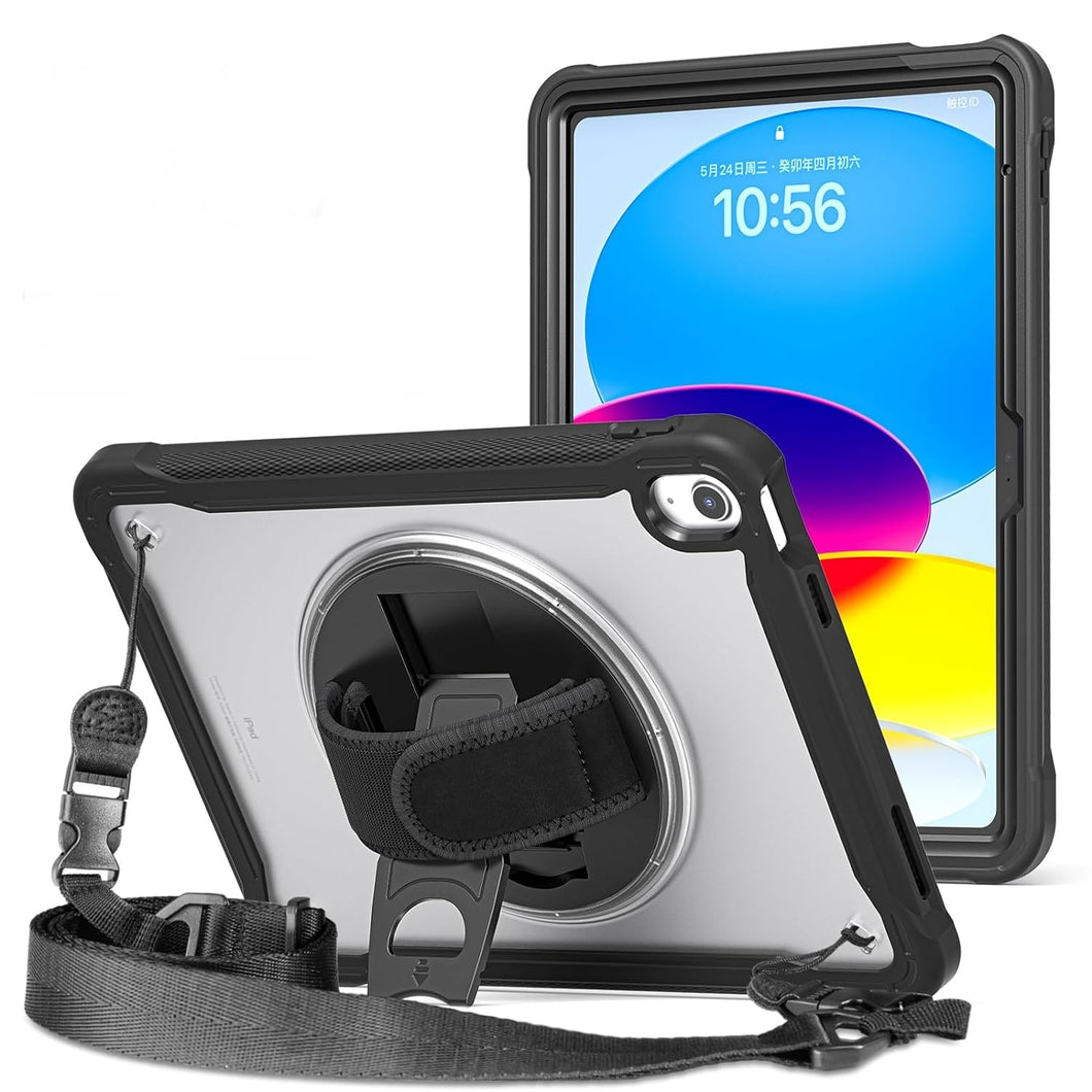ProElite Cover for iPad (A16) 11th/10th Gen (2025/2022) Case, Rugged Shockproof Armor case for iPad 11th/10th Gen with Hand Grip and Rotating Kickstand (Transparent Back) with Should Strap, Black