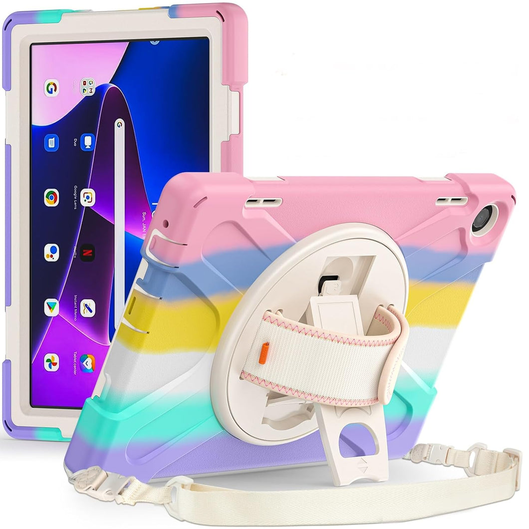 ProElite Cover for Lenovo M10 FHD 3rd Gen Cover Case, Rugged 3 Layer Armor case Cover for Lenovo Tab M10 FHD 3rd Gen 10.1 inch with Hand Grip & Rotating Kickstand with Shoulder Strap, Rainbow Pink