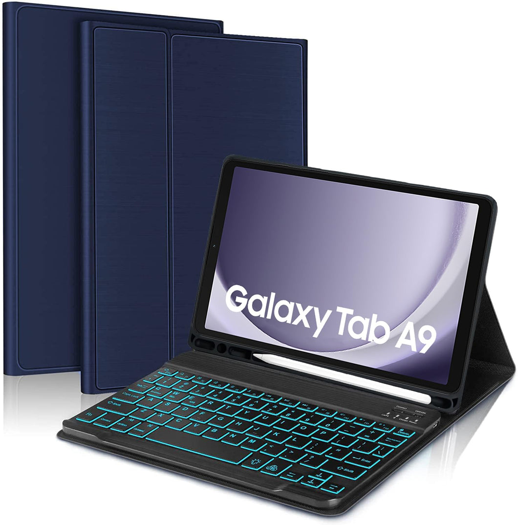 ProElite Keyboard case Cover for Samsung Galaxy Tab A9 8.7 inch, Magnetic Detachable Wireless Bluetooth Keyboard with S Pen Holder Built-in 7-Colors Backlit, Dark Blue