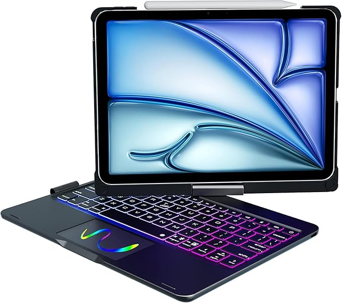 {Refurbished} ProElite Rotatable Bluetooth TouchPad Keyboard case Cover for Apple iPad Air 11 inch M3/M2 2025/2024, Pro 11 inch 4th/3rd Gen 2022/2021 & Air 5th/4th Gen 10.9 inch, Built-in 7-Colors Backlit, Black
