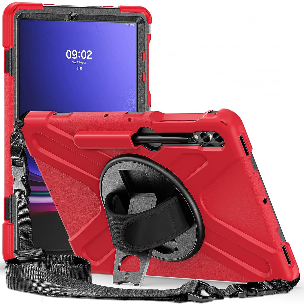 ProElite Cover for Samsung Galaxy Tab S9 Plus Cover Case, Rugged 3 Layer Armor case Cover for Samsung Galaxy Tab S9 Plus 12.4 inch with SPen Holder, Hand Grip and Rotating Kickstand, Red
