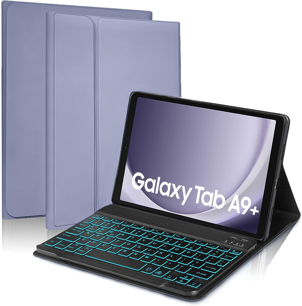 ProElite Keyboard case Cover for Samsung Galaxy Tab A9 Plus 11 inch, Magnetic Detachable Wireless Bluetooth Keyboard Built-in 7-Colors Backlit, Lavender
