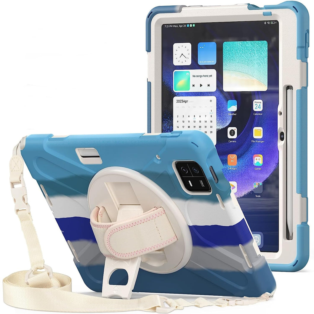 ProElite Rugged 3 Layer Armor case Cover for Xiaomi Mi Pad 6 11inch with Hand Grip and Rotating Kickstand with Shoulder Strap & Pen Holder, Rainbow Blue