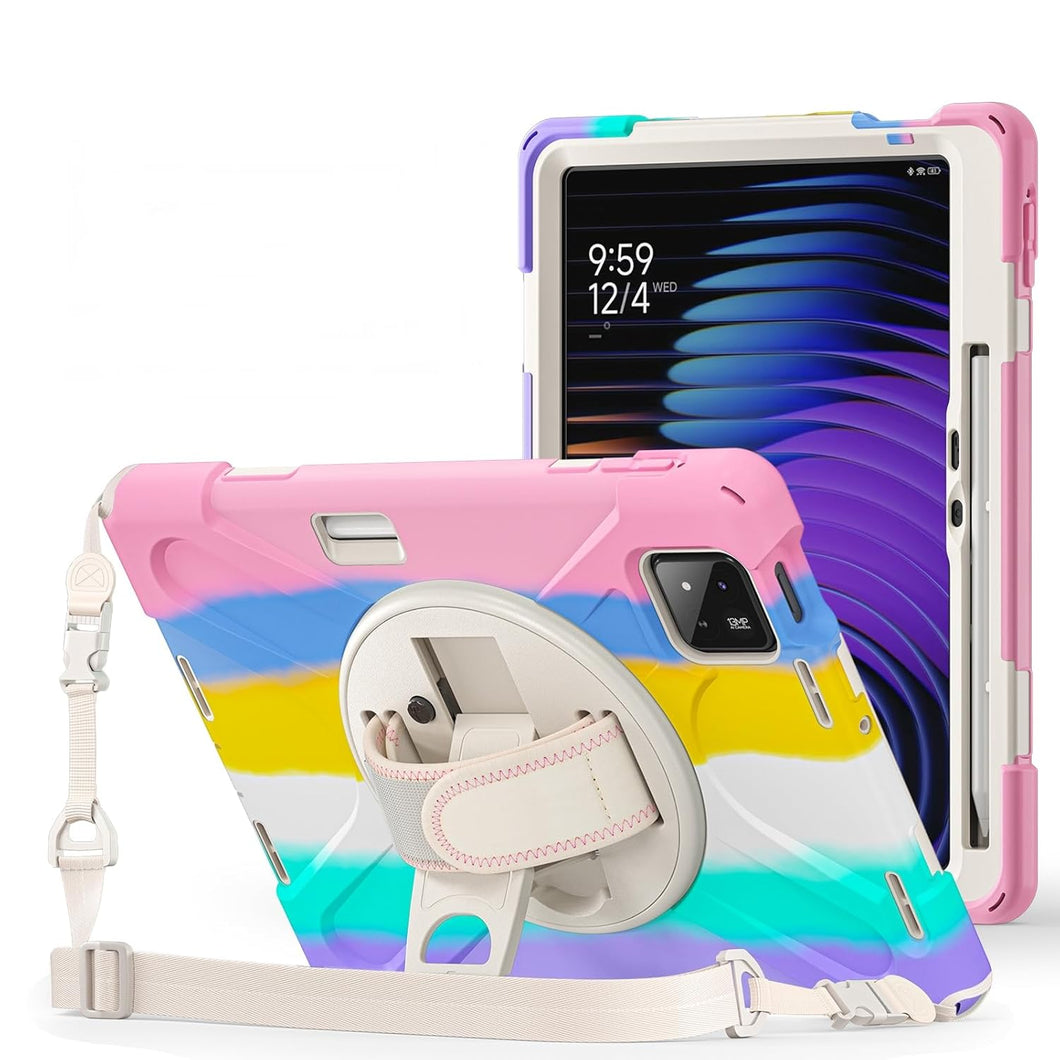 ProElite Cover for Xiaomi Mi Pad 7/7 Pro 11.2 inch Case, Rugged 3 Layer Armor case for Xiaomi Mi Pad 7/7 Pro with Hand Grip and Rotating Kickstand with Shoulder Strap & Pen Holder, Rainbow Pink